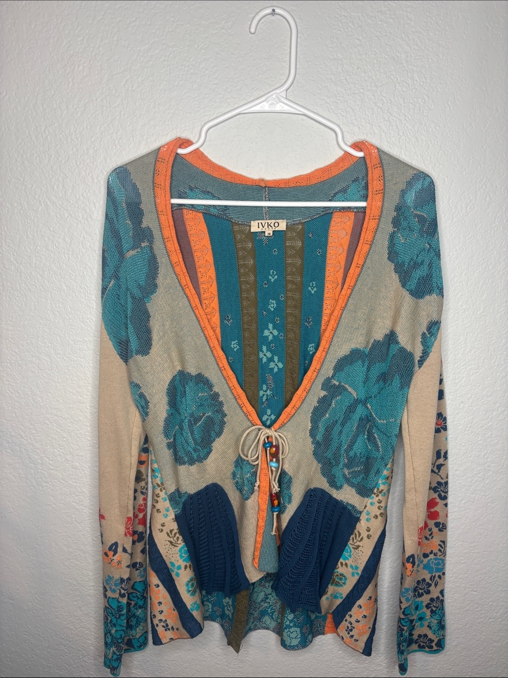 IVKO Teal Floral Knit Cardigan with Orange Trim and Navy Accents